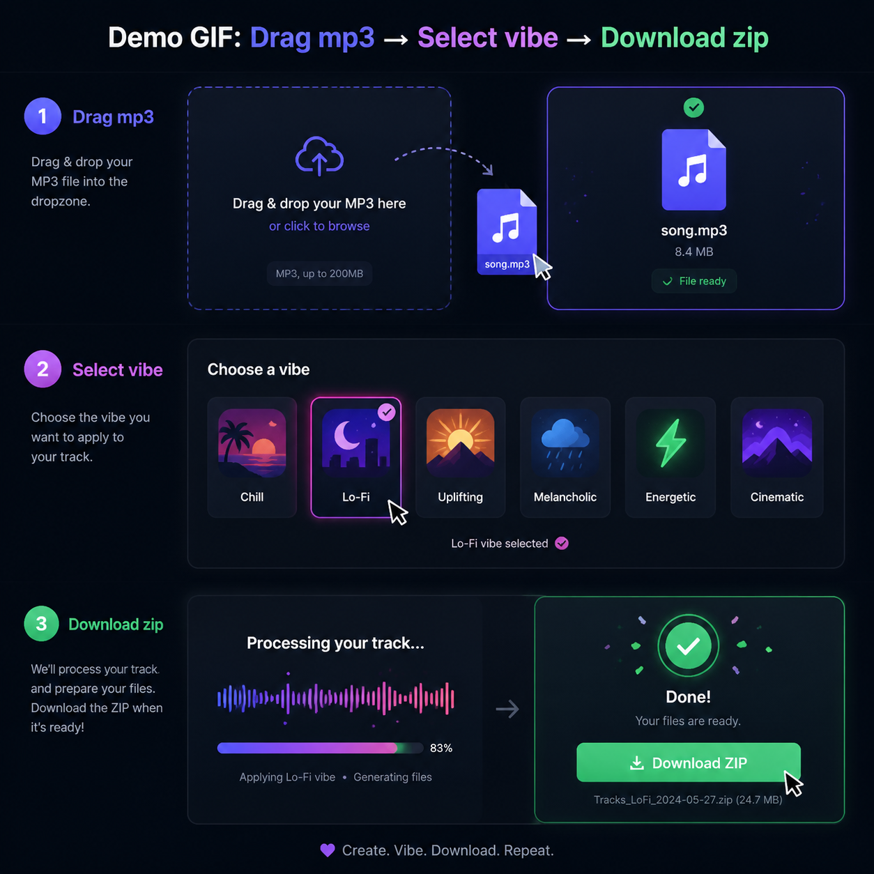 TubeReady demo: drag an mp3, select a vibe, download a zip — all in 30 seconds
